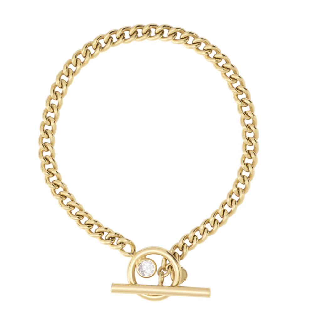 7" 14kt gold plated sterling silver curb chain bracelet with toggle and cz stone