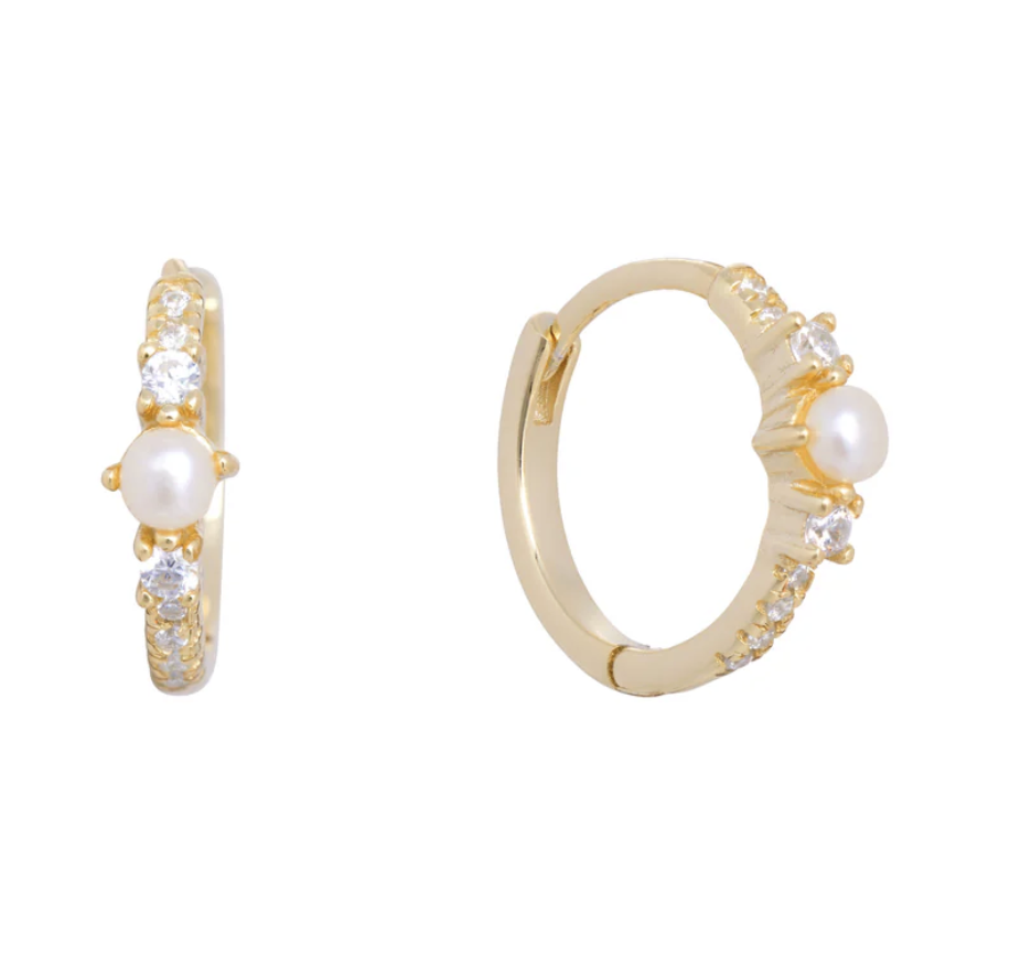 15mm Gold plated sterling silver .925 huggie hoop with freshwater pearl and cz stones