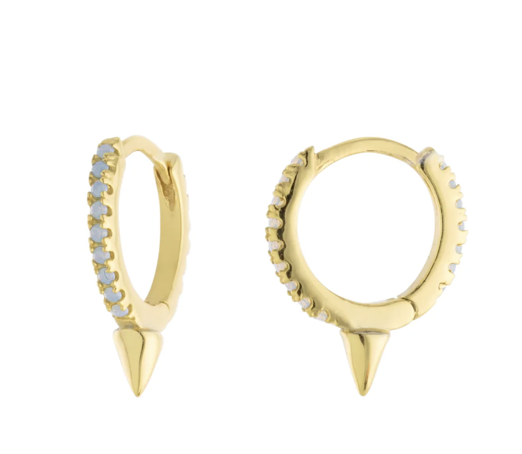 Gold plated sterling silver spike huggie hoop with blue stones