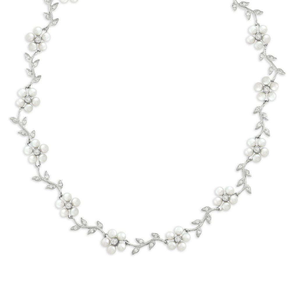 Sterling Silver Alternating White Freshwater Pearl Flowers & Clear CZ Leaves On Branch Necklace