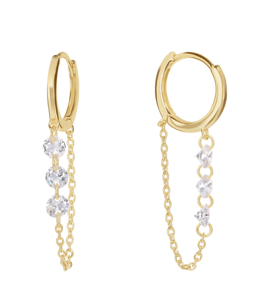 14kt gold plated sterling silver huggie hoop with floating chain and cz stones