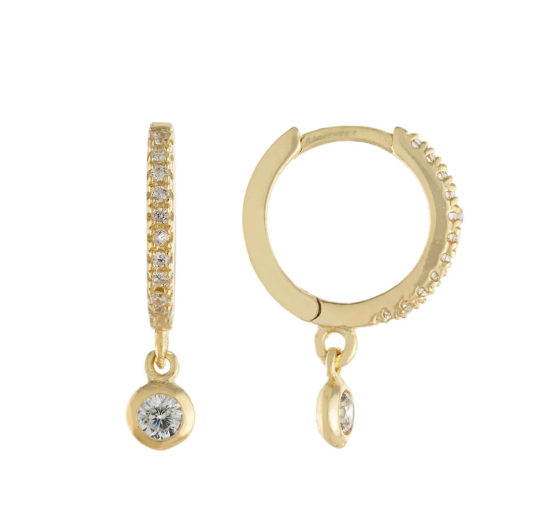 Gold plated sterling silver huggie hoop with drop CZ stone