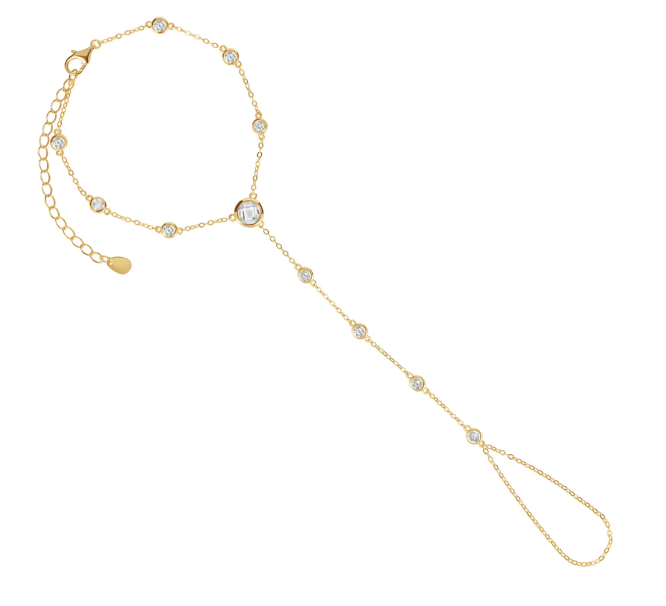 14kt gold plated sterling silver adjustable hand chain with bezel cz stones