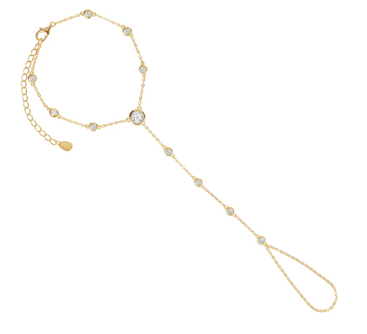 14kt gold plated sterling silver adjustable hand chain with bezel cz stones