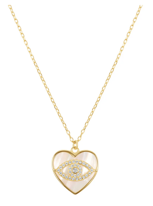 14KT Gold over sterling silver Mother of Pearl heart and cubic zirconia Guardian Eye 16" extendable