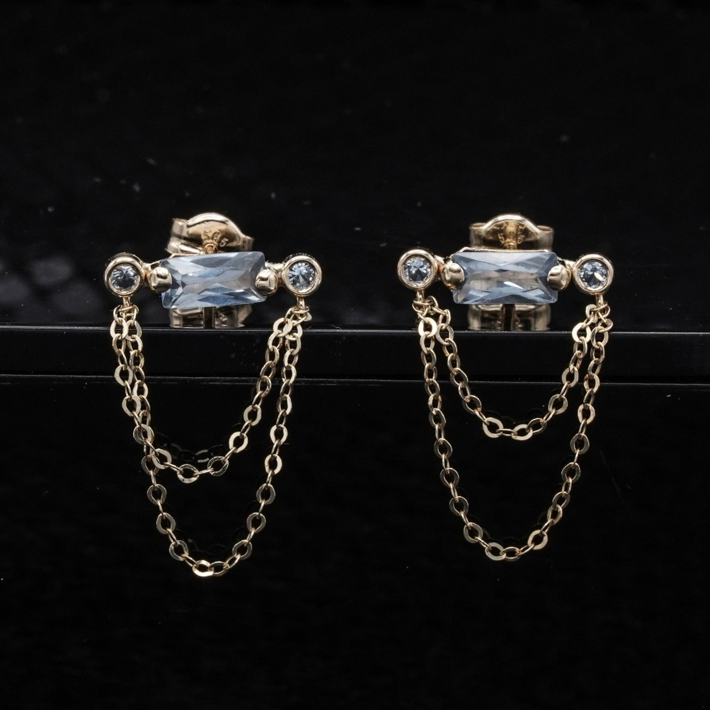 Blue Baguette Double Chain Studs