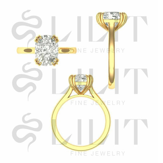 Custom 14k yellow gold cathedral solitaire engagement ring with triple prong setting for 3.5 carat elongated cushion cut lab grown diamond. D-E color, VS1+ clarity.