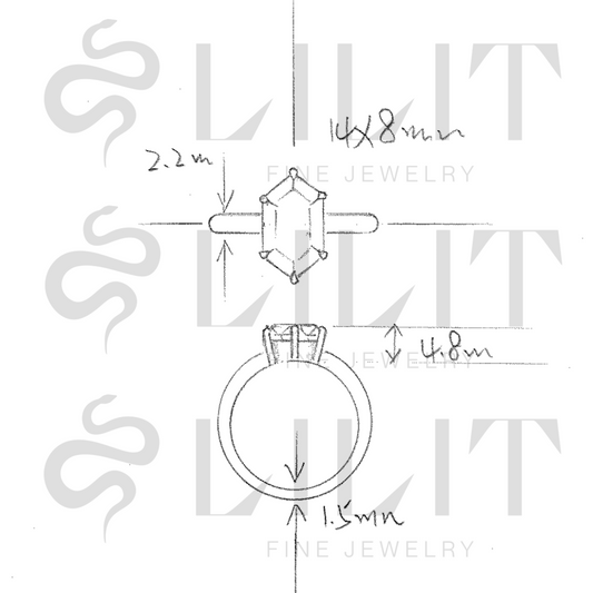 Rebecca Hartsaugh: Custom sterling silver solitaire ring with 14x8mm elongated hexagon custom cut moissanite center stone.