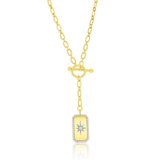Sterling Silver, Rectangle North Star CZ Toggle Necklace - Gold Plated