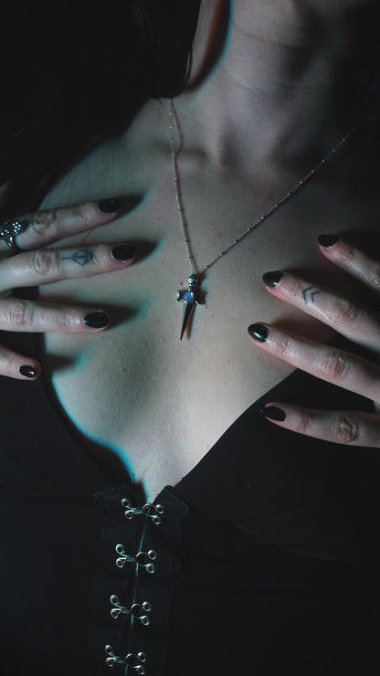 Roniit modeling silver and moonstone I Choose Me necklace